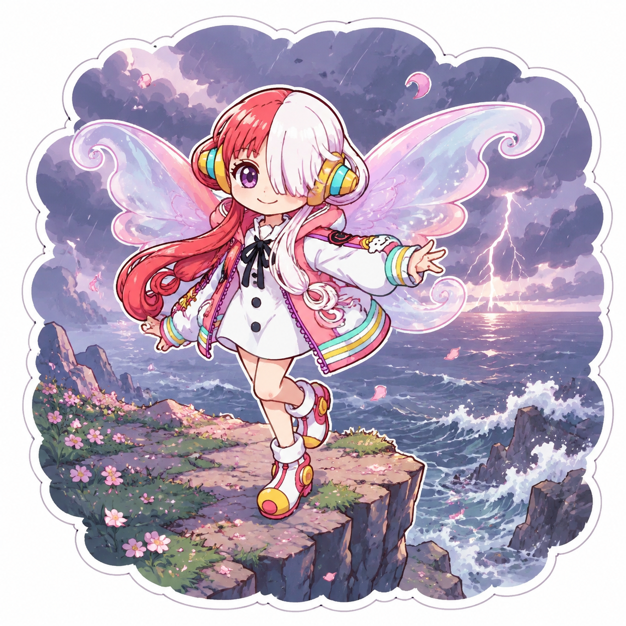 Twirling her translucent wings in the breeze At the edge of a storm-tossed cliffside (chibi sticker art, pastel colors)