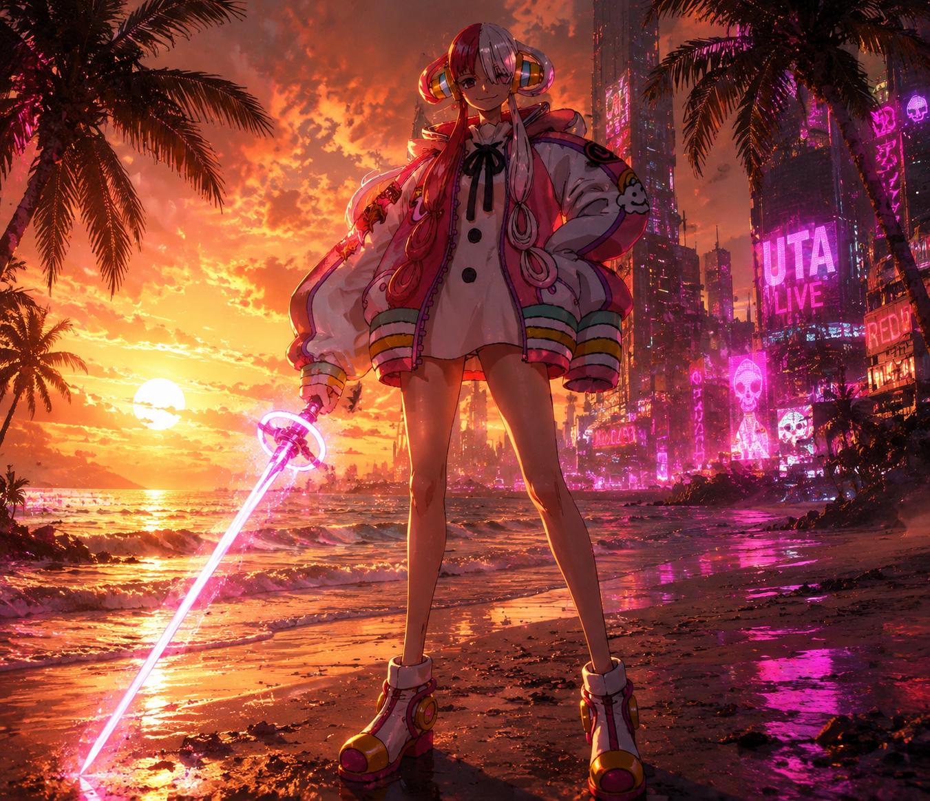 Wielding a rapier made of solidified light On a tropical beach during a golden sunset (gritty cyberpunk, neon magenta accents)