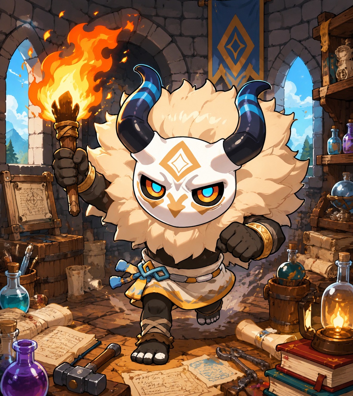 Charging forward with a flaming torch At a messy workbench inside a stone tower (cute chibi style, thick outlines and bright colors)