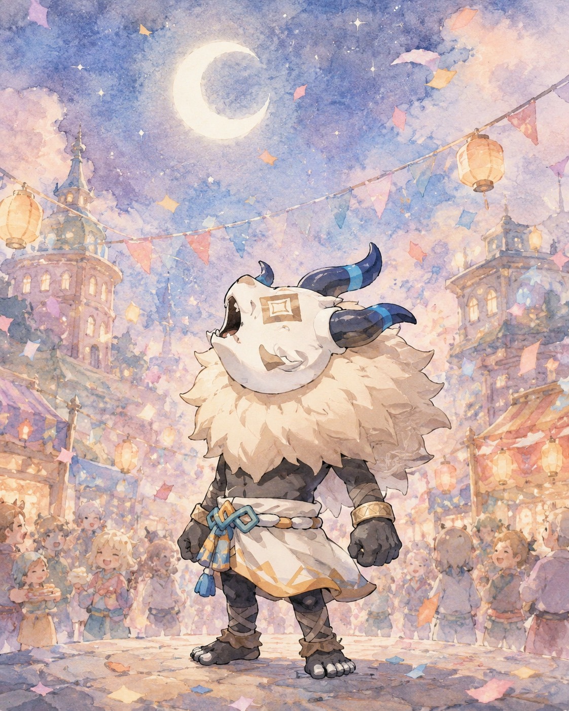 Howling at a crescent moon In a bustling city square during a festival (soft watercolor anime, pastel color palette)