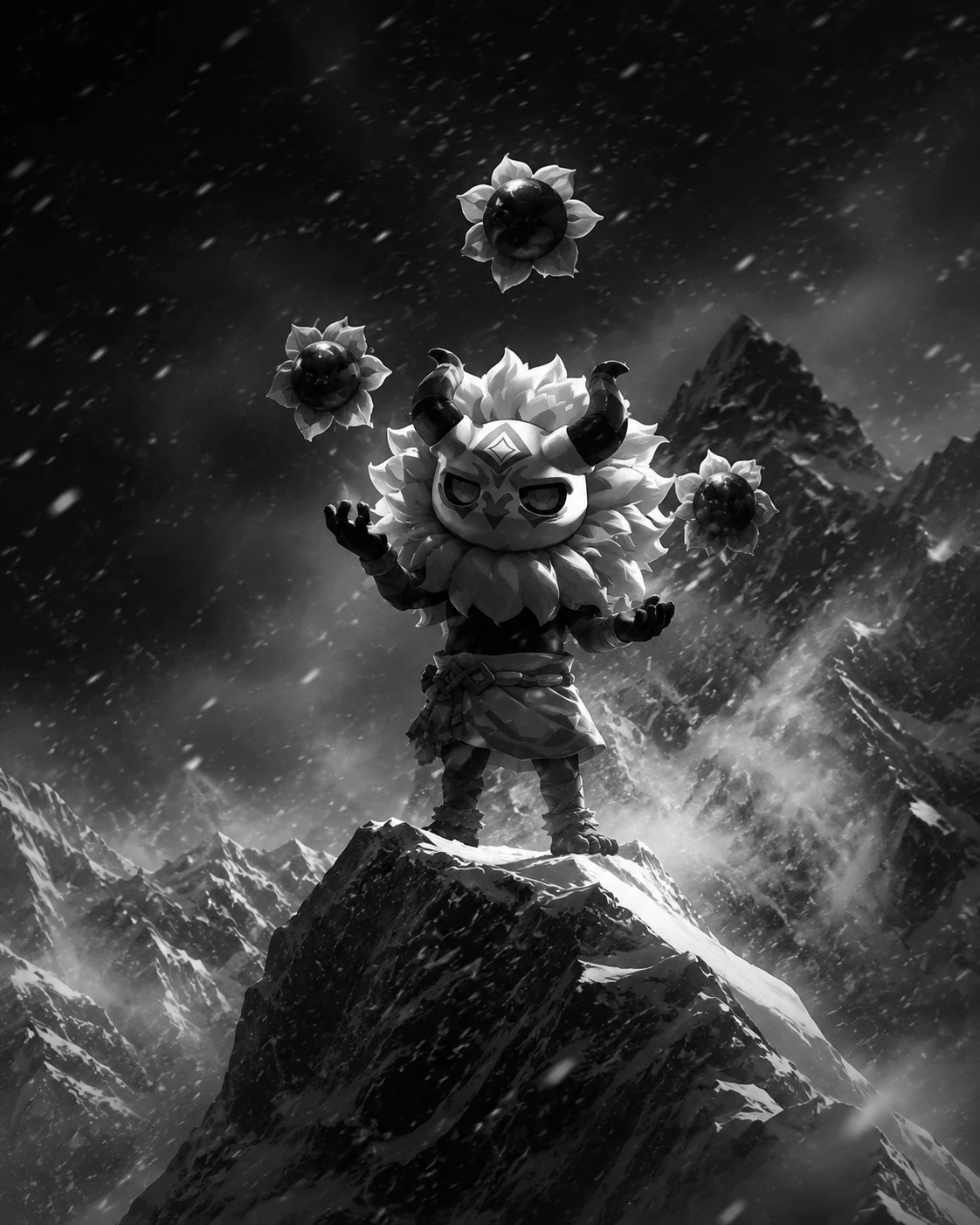 Juggling three ripe sunsettias On a snowy mountain peak during a blizzard (cinematic noir with dramatic high-contrast shadows)