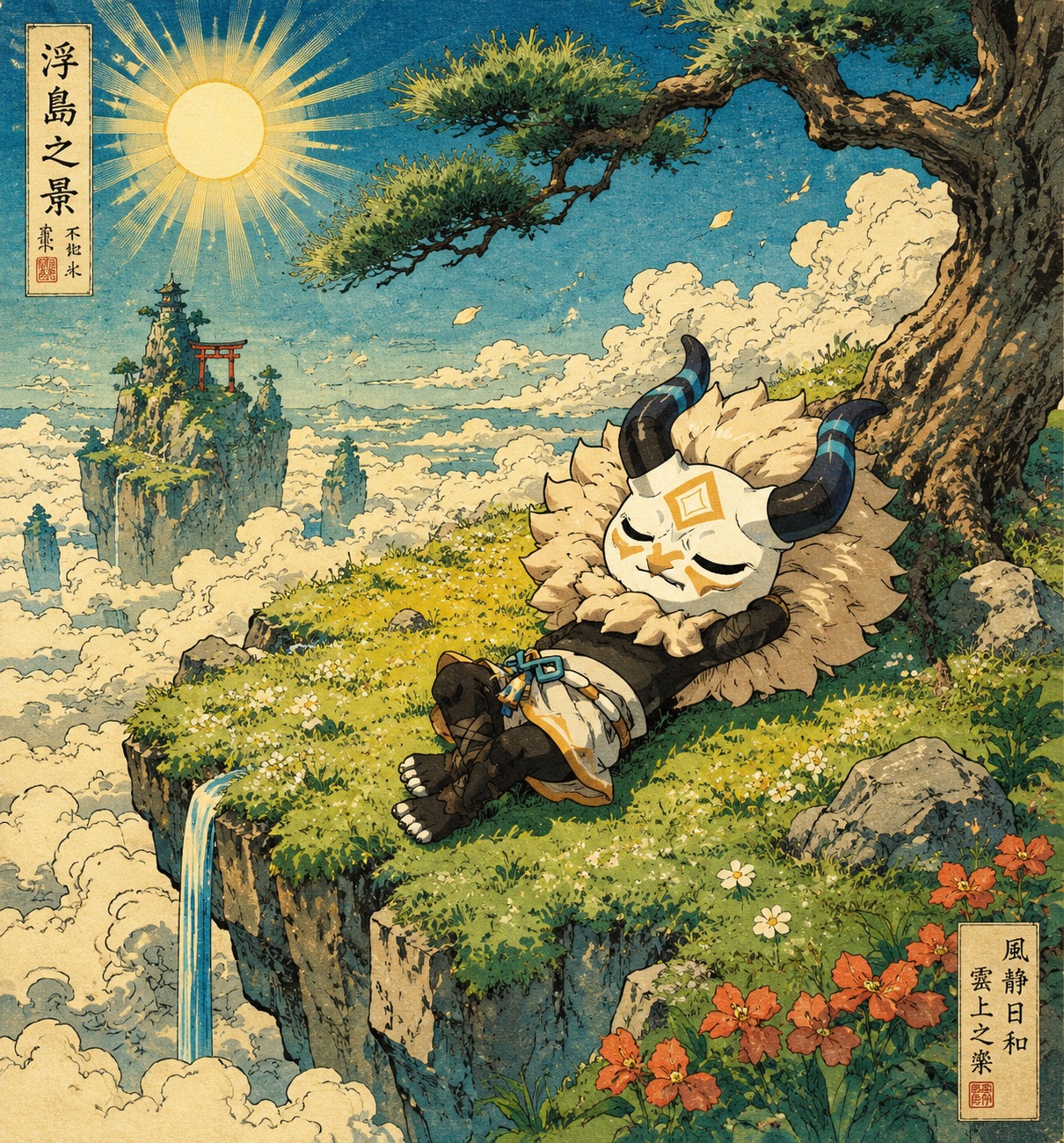 Napping on a sun-drenched grassy hill On a floating island above a sea of clouds (vibrant Ukiyo-e woodblock print style)