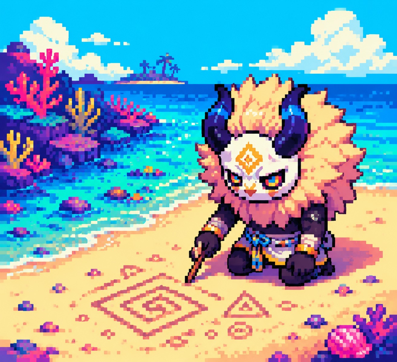 Sketching symbols in the dirt with a stick At a sun-drenched beach beside a coral reef (retro 8-bit pixel art, limited neon palette)