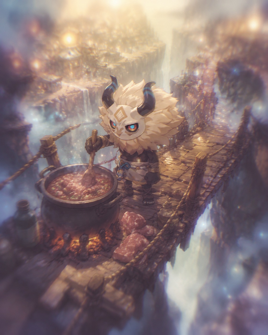 Stirring a bubbling meat stew On a rickety wooden bridge over a canyon (ethereal dreamcore, blurry edges and glowing lights)
