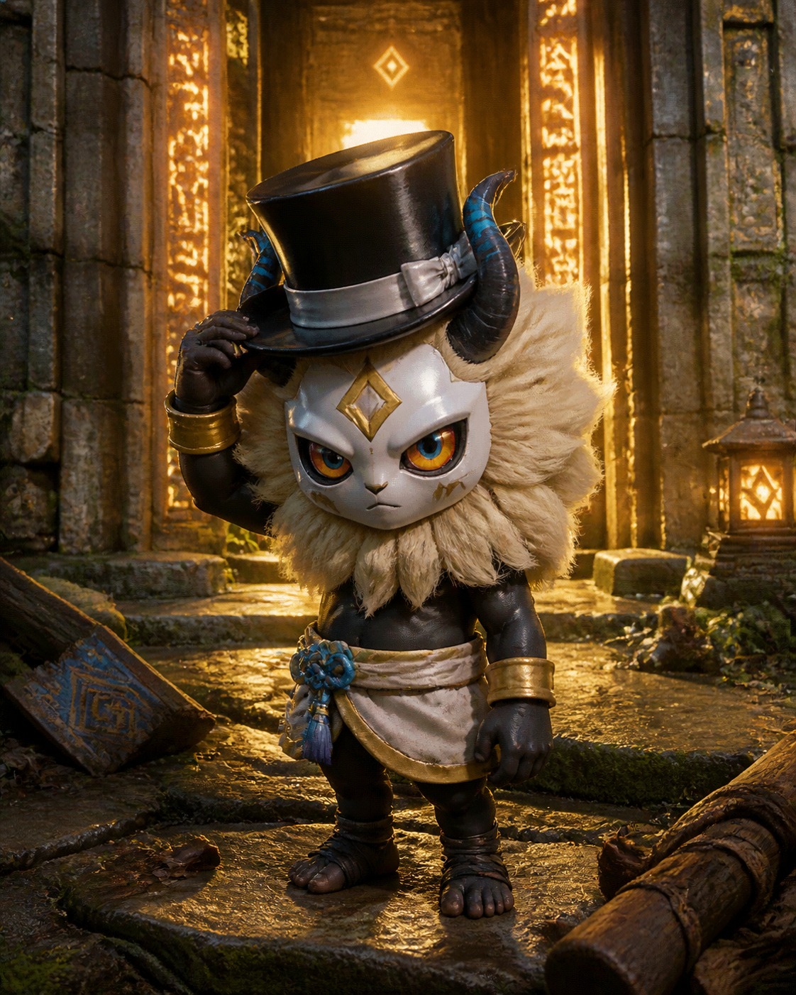Trying on a discarded silk top hat At the entrance of a glowing ancient ruin (hyper-detailed 3D render, realistic fur and wood)