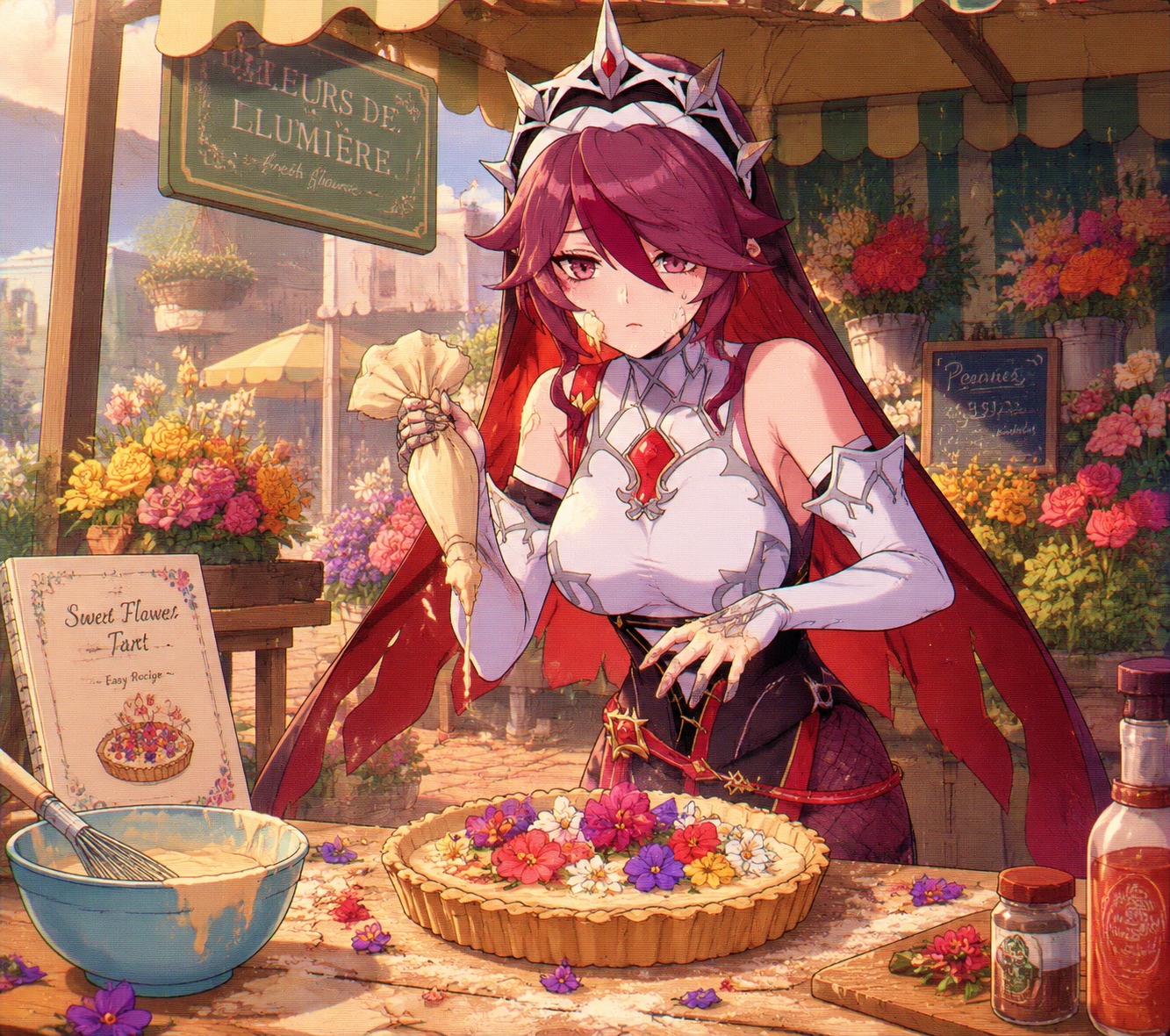 Clumsily attempting to bake a sweet flower tart At a sun-drenched flower stall in the market (retro 90s anime cel-shaded aesthetic)