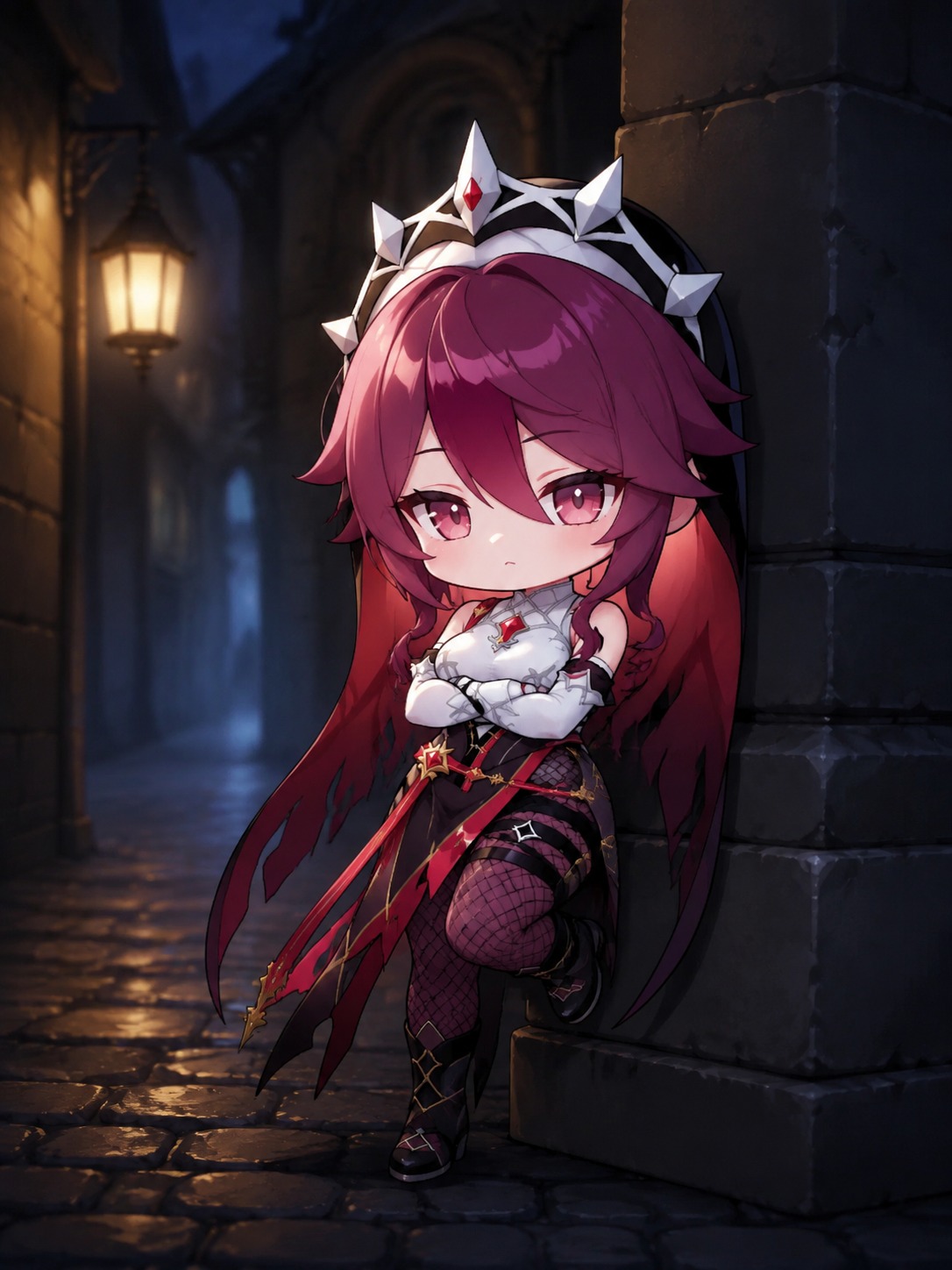 Leaning against a cold stone pillar In a dark alleyway lit by a single lantern (cute chibi style, soft round edges)