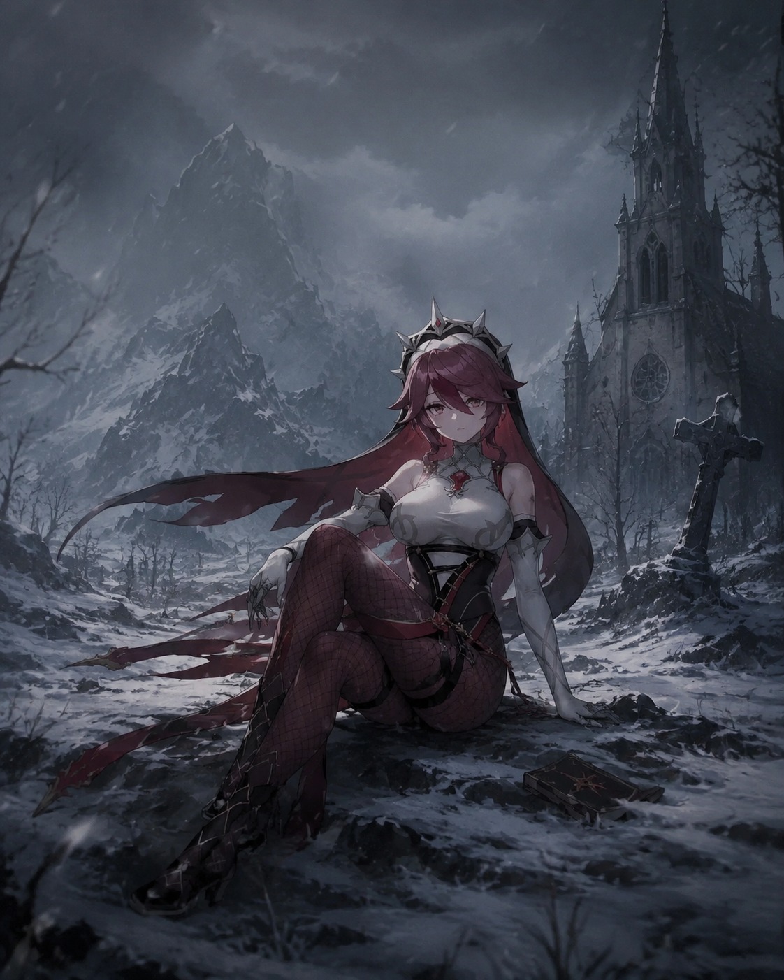 Skipping a mandatory church choir rehearsal In a snowy clearing within Dragonspine (dark fantasy concept art, muted tones)
