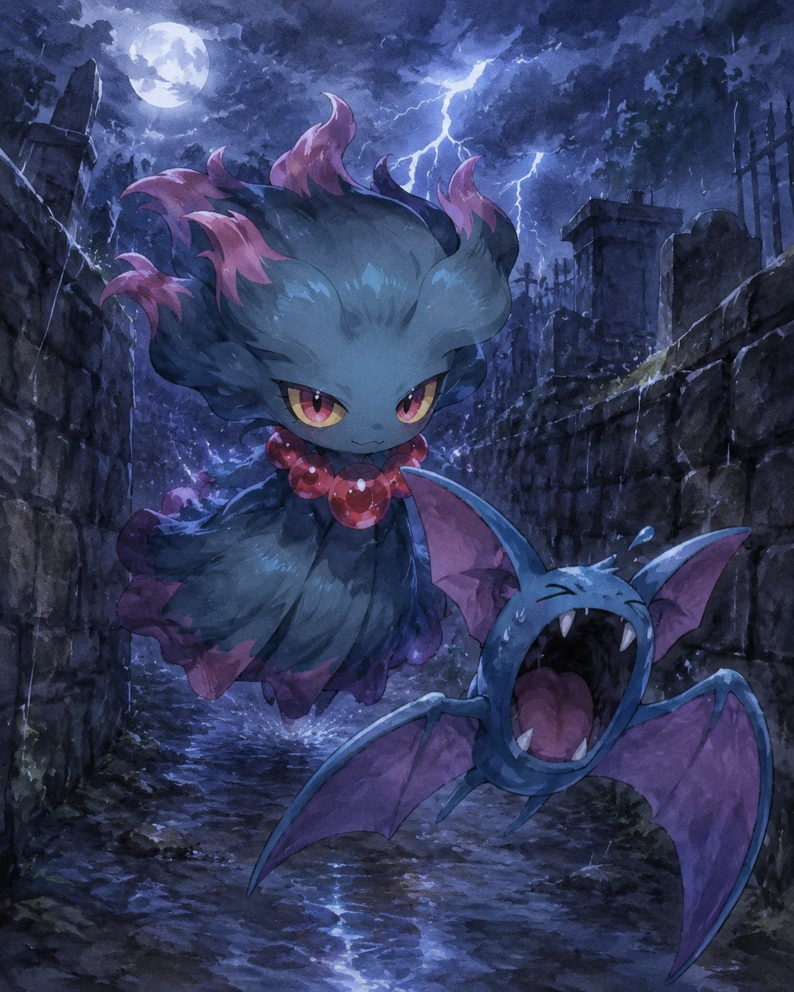 Chasing a frantic zubat through a narrow tunnel At a moonlit graveyard during a thunderstorm (watercolor anime, soft lighting)
