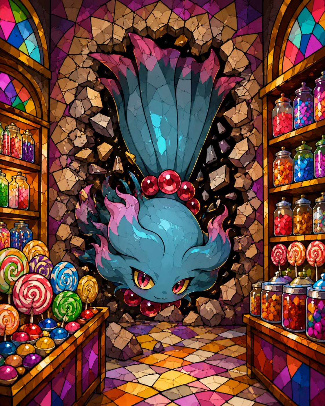 Floating upside down through a solid wall In a brightly lit candy store aisle (stained glass mosaic, vibrant colors)