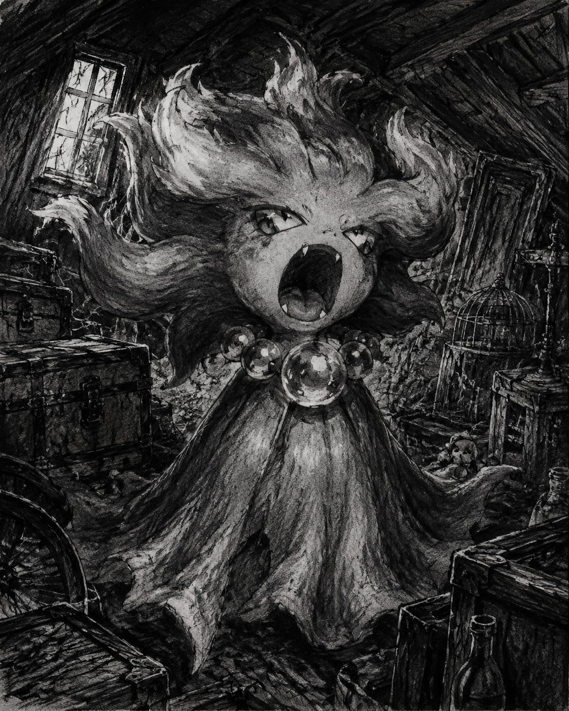 Letting out a bone-chilling screech In a cluttered attic filled with old trunks (charcoal sketch, rough gritty texture)