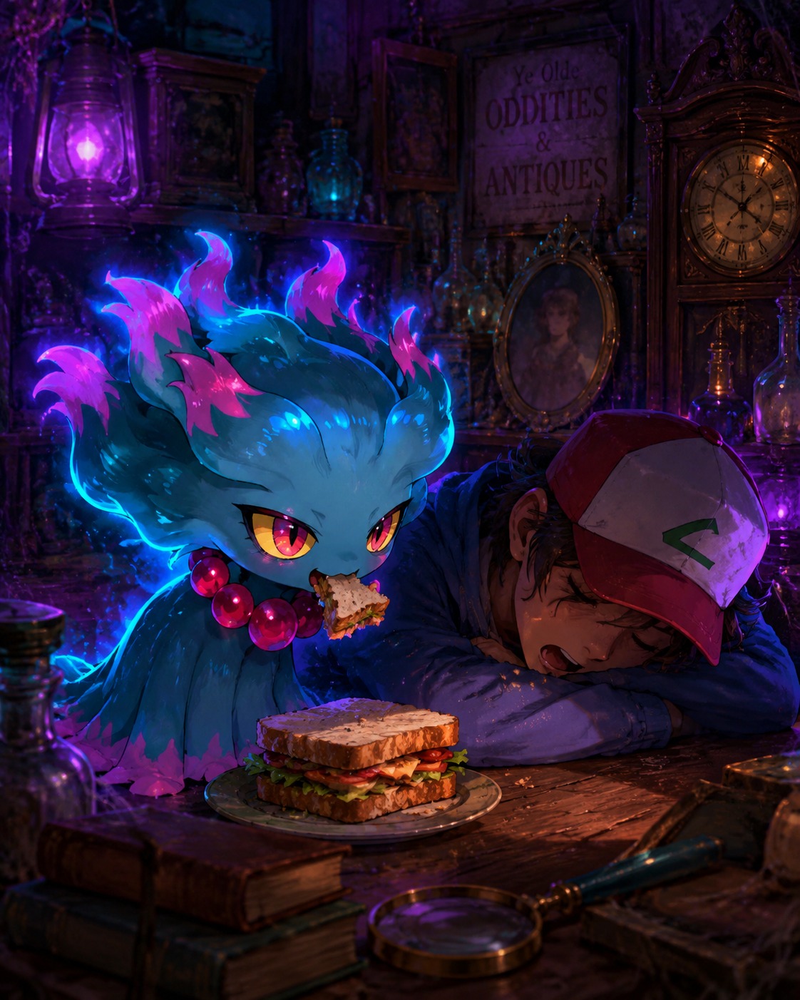 Stealing a bite from a sleeping trainer's sandwich At a dusty antique thrift shop (ethereal bioluminescence, glowing neon highlights)