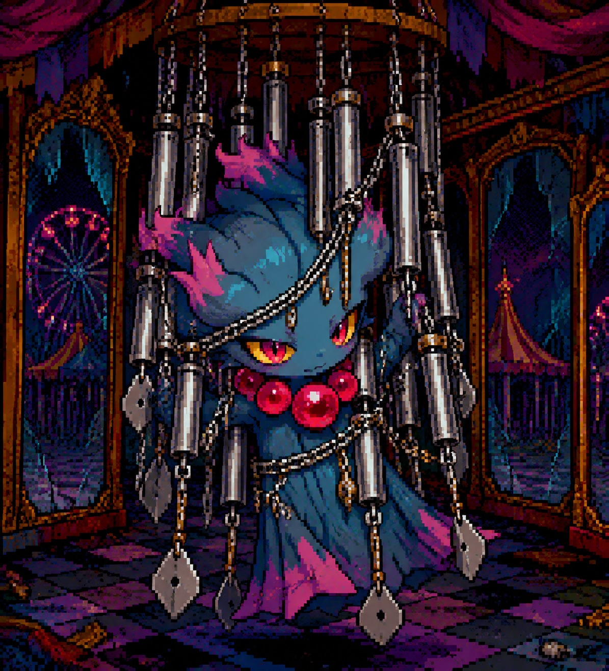 Tangled in a cluster of silver wind chimes In an abandoned carnival's hall of mirrors (retro 8-bit pixel art, saturated hues)