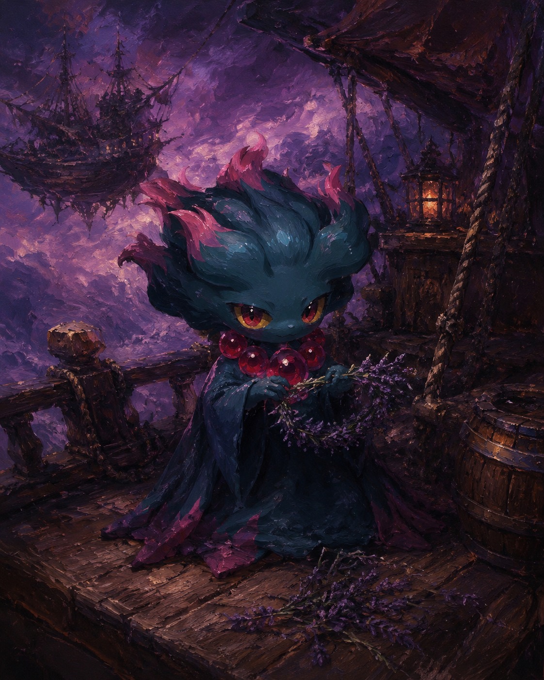 Weaving a crown out of dried lavender On a floating wooden ship in a purple sky (dark oil painting, heavy brushstrokes)