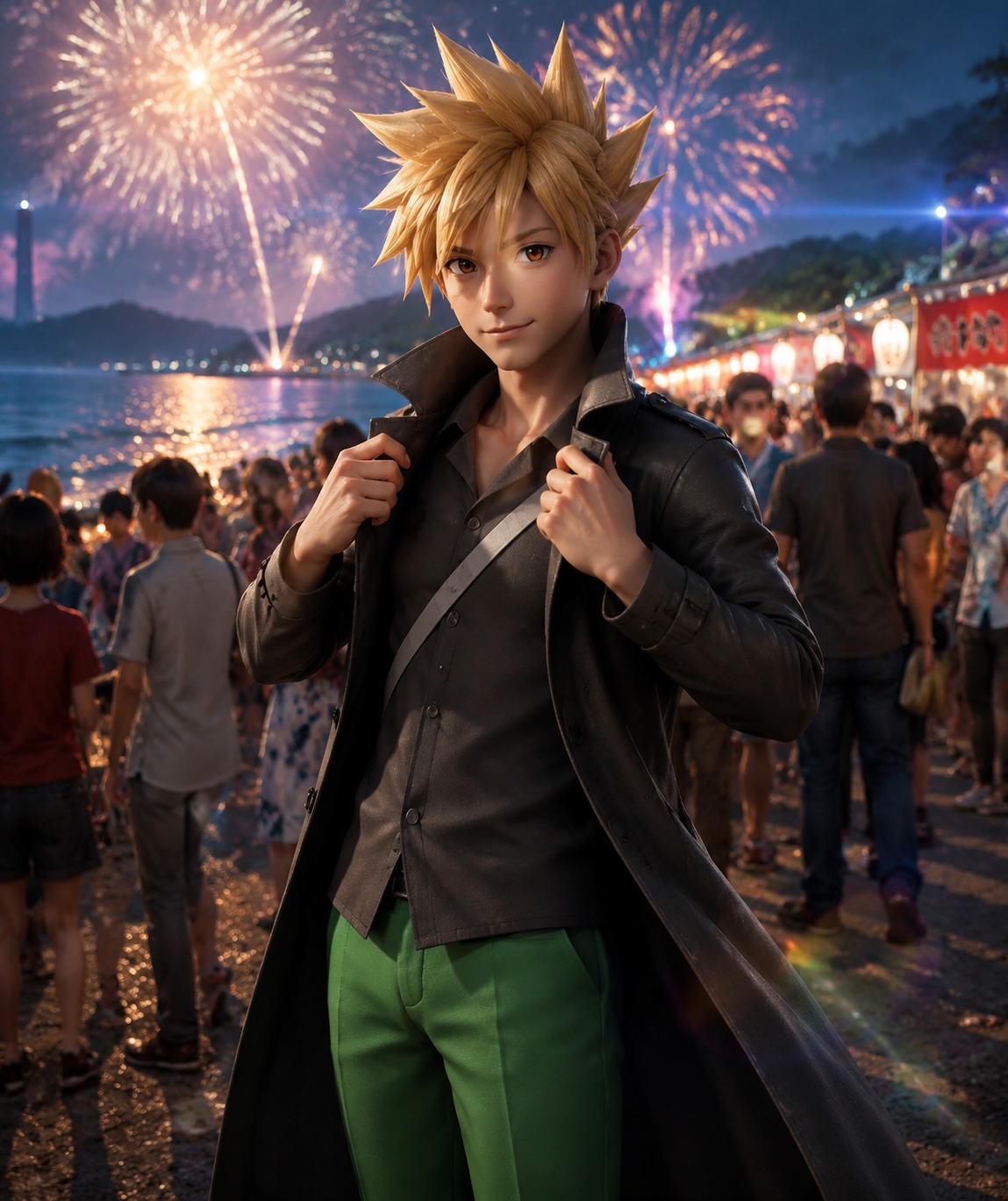 Adjusting his signature long coat At a crowded seaside festival with fireworks (hyper-realistic 3D render, cinematic lens flare)