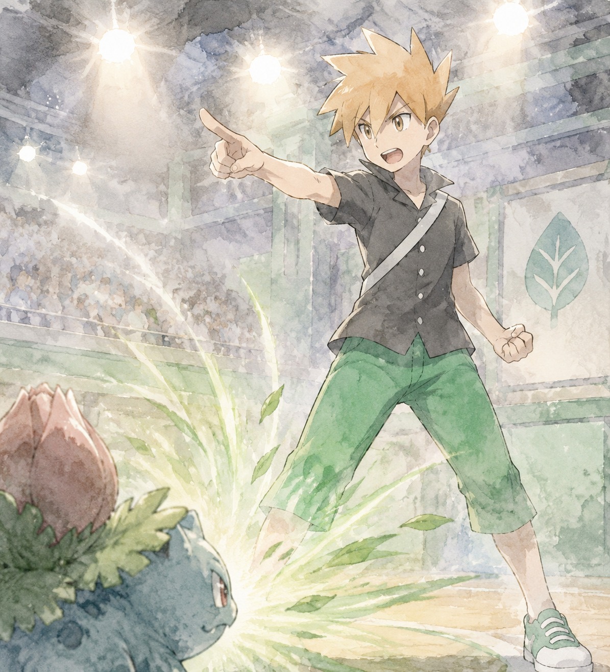 Commanding an attack during a heated battle At the Viridian City Gym under bright spotlights (soft watercolor painting, desaturated pastel tones)