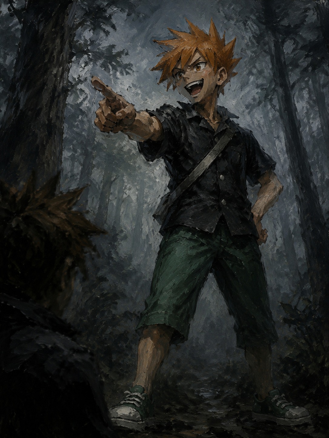 Laughing loudly while taunting his rival In a dense foggy forest during early morning (dark oil painting, heavy brushstrokes)