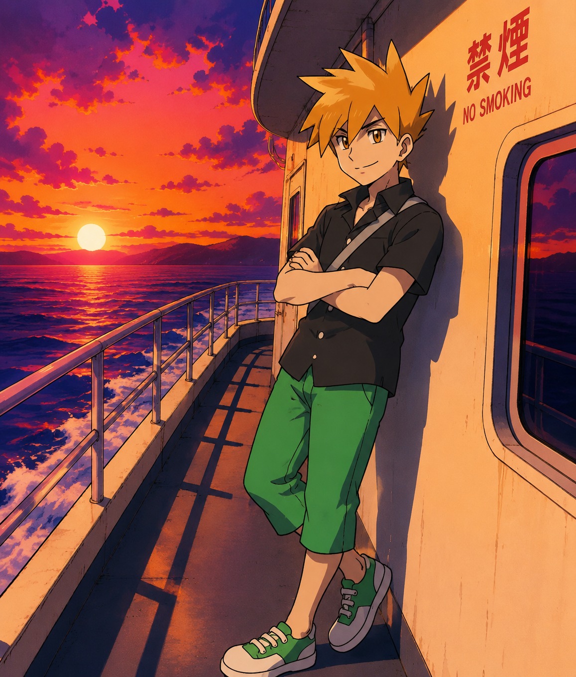 Leaning against a wall with arms crossed On a high-speed ferry deck at sunset (90s retro anime style, vibrant cel-shading)