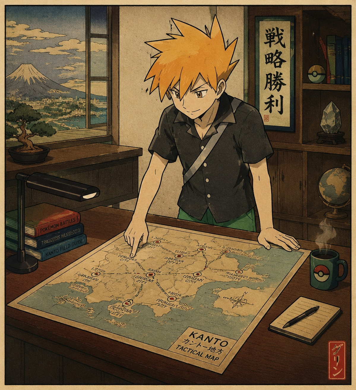 Studying a tactical map of the kanto region In a minimalist modern study with mahogany furniture (Ukiyo-e woodblock print, bold ink lines)