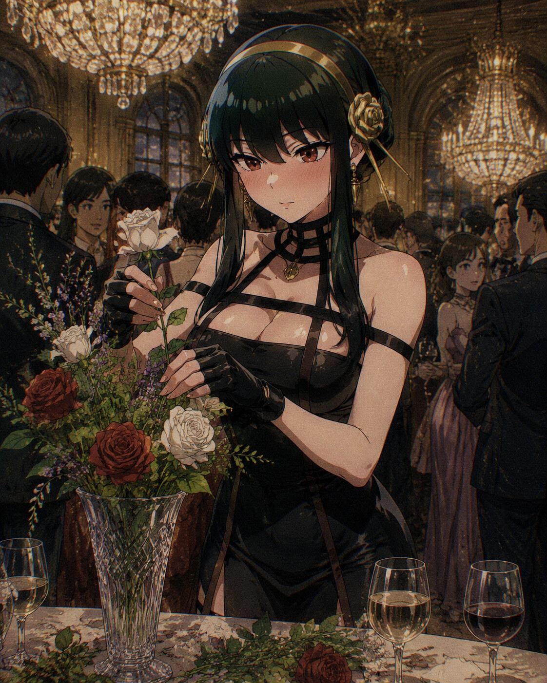 Arranging flowers in a delicate glass vase at a crowded gala under crystal chandeliers (gritty 90s retro anime)
