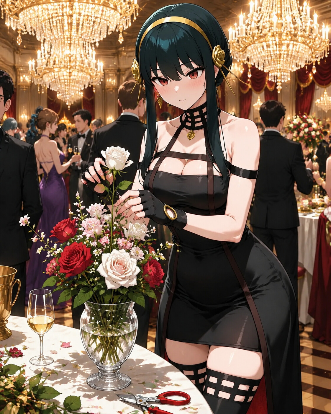Arranging flowers in a delicate glass vase at a crowded gala under crystal chandeliers (vibrant anime style)