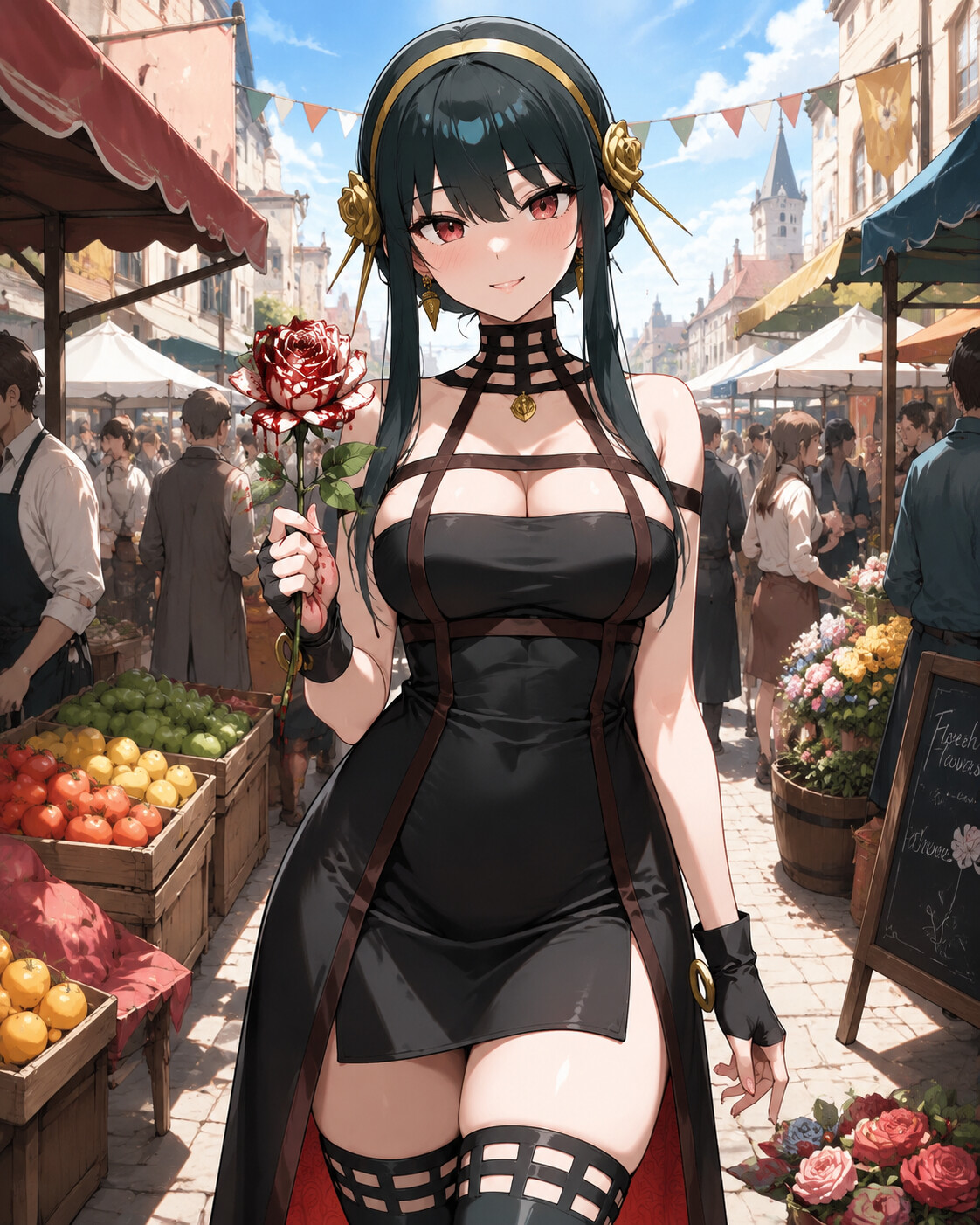 Holding a blood-stained rose with a gentle smile at a bustling open-air market in the morning light (vibrant anime style)