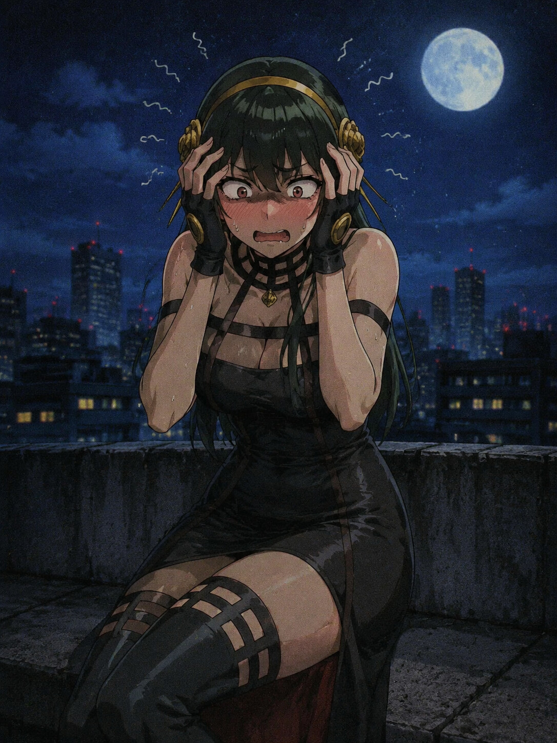 Panicking over a simple social interaction on a moonlit rooftop overlooking the city skyline (gritty 90s retro anime)