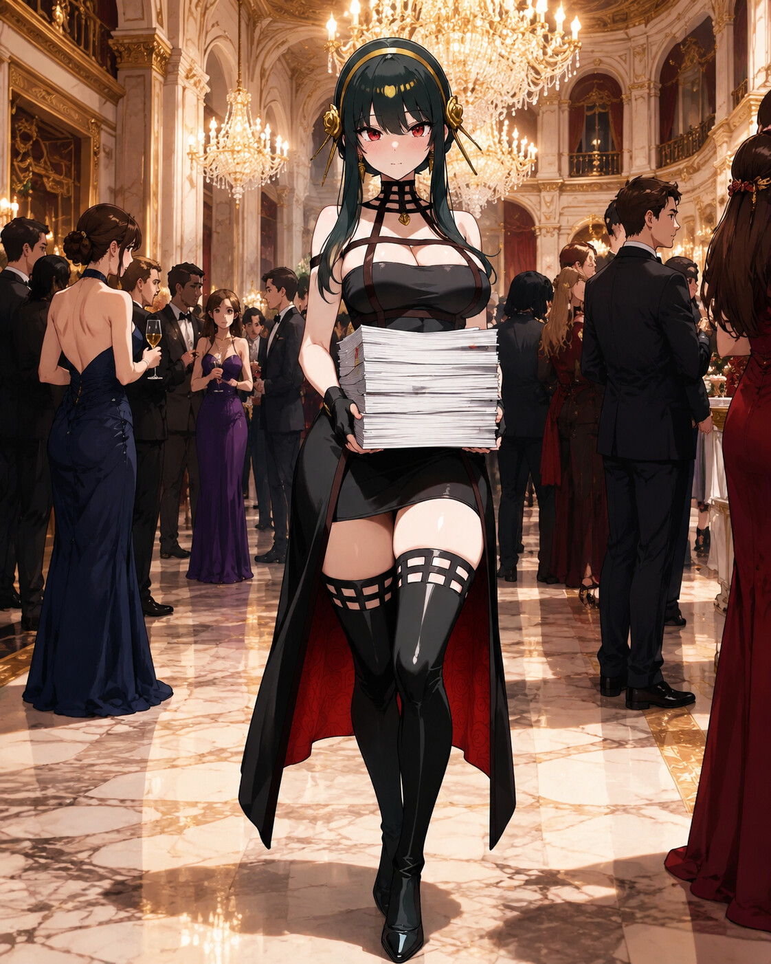 Walking through city hall with a stack of papers at a crowded gala under crystal chandeliers (vibrant anime style)