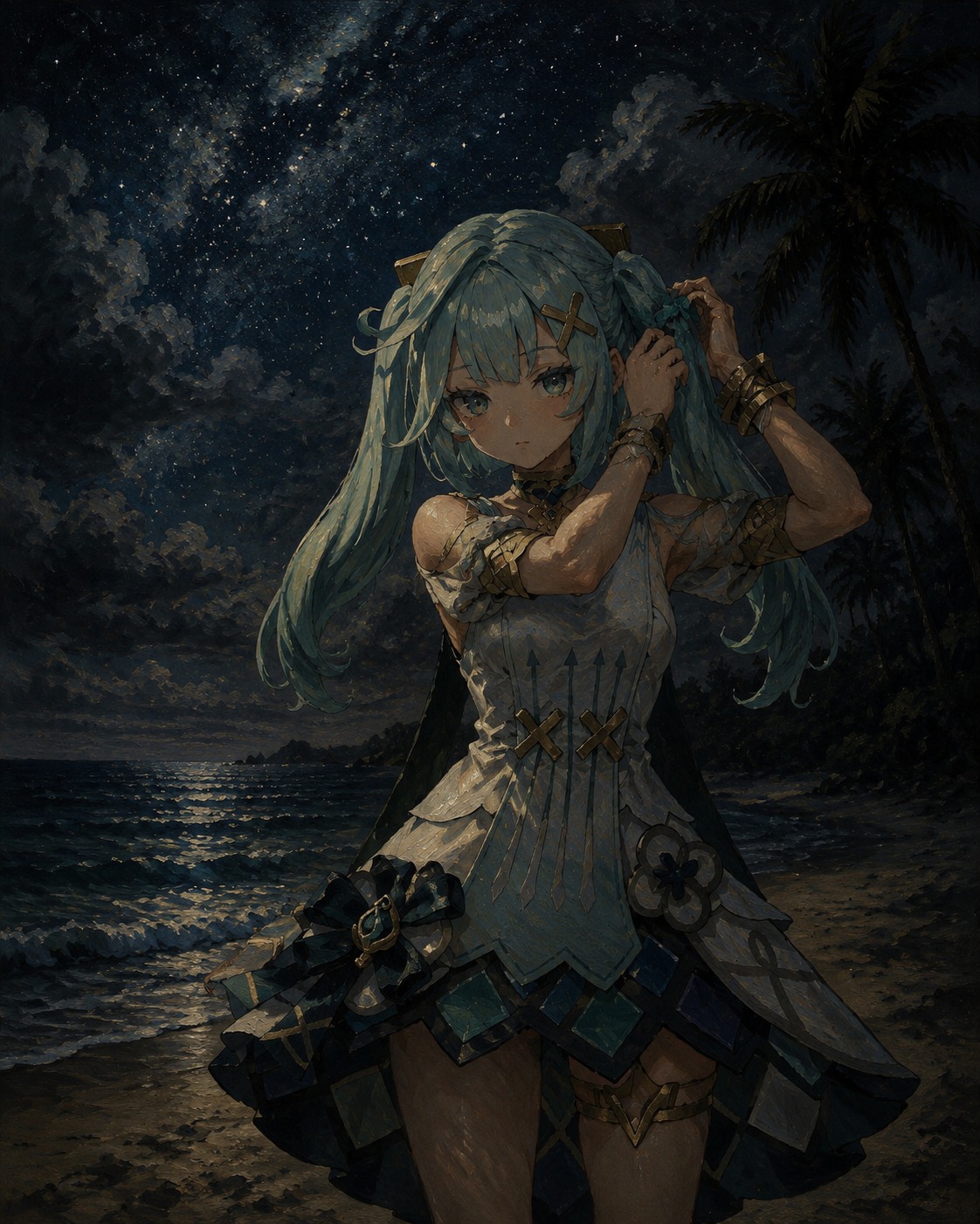 Adjusting her turquoise hair ribbons At a pristine beach under a starry sky (gothic oil painting, moody chiaroscuro)