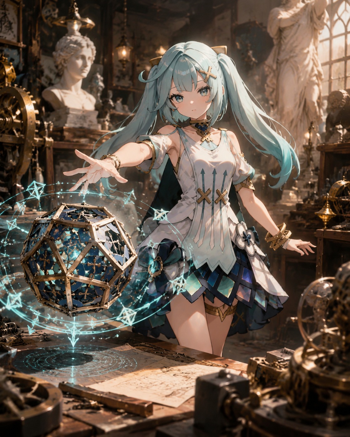 Deploying her polyhedral trap In a cluttered workshop filled with gears (classical marble sculpture, soft museum lighting)