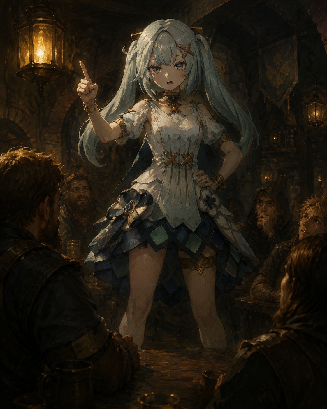 Lecturing with a stern expression In a cozy underground tavern with warm lanterns (gothic oil painting, moody chiaroscuro)