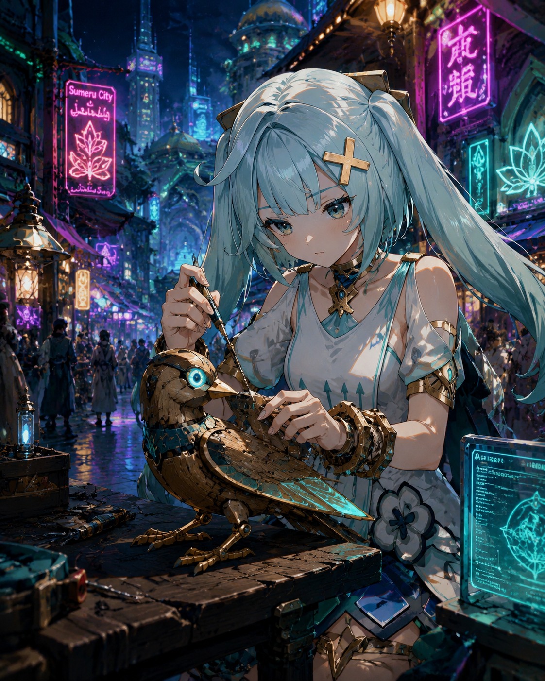 Repairing a mechanical wooden bird On a bustling street in Sumeru City (cyberpunk neon, high contrast lighting)