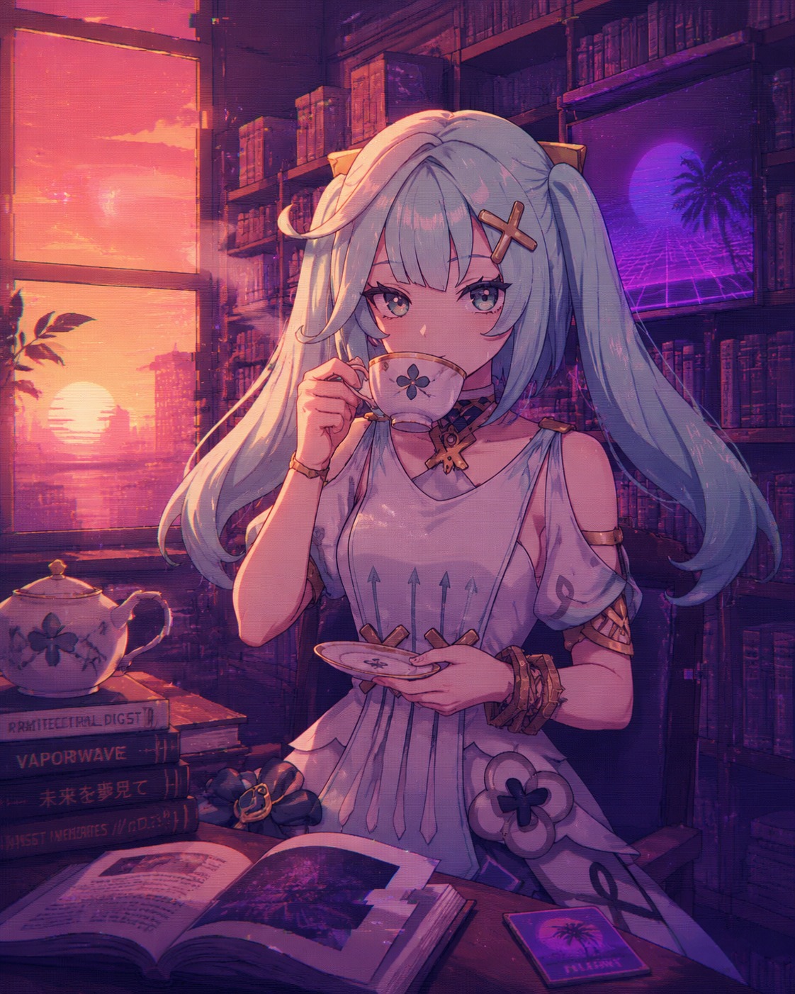 Sipping hot tea from a porcelain cup In a quiet library during a golden sunset (vaporwave aesthetic, glitchy purple gradients)