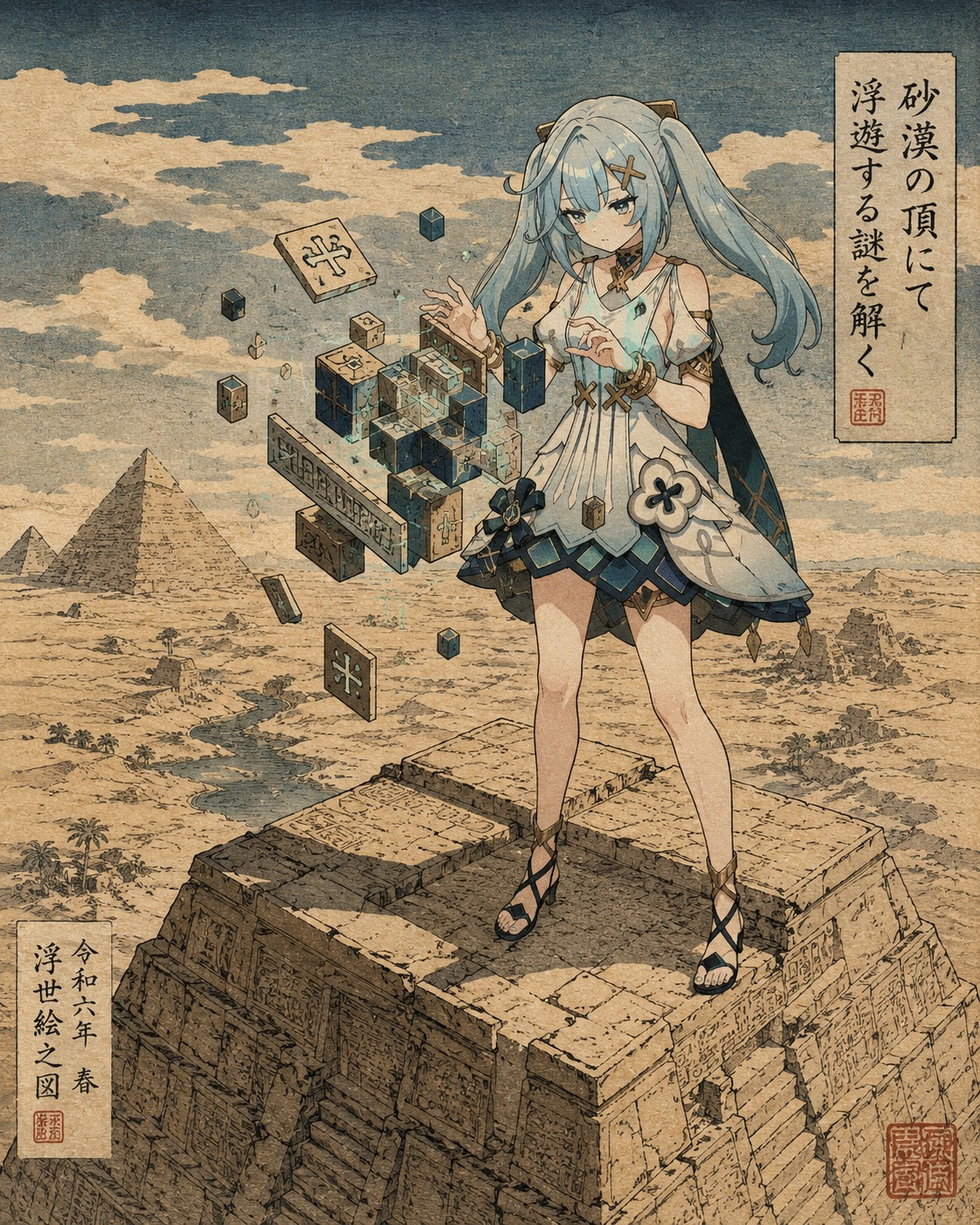 Solving a complex floating puzzle At the summit of a weathered desert pyramid (ukiyo-e woodblock print, traditional ink)