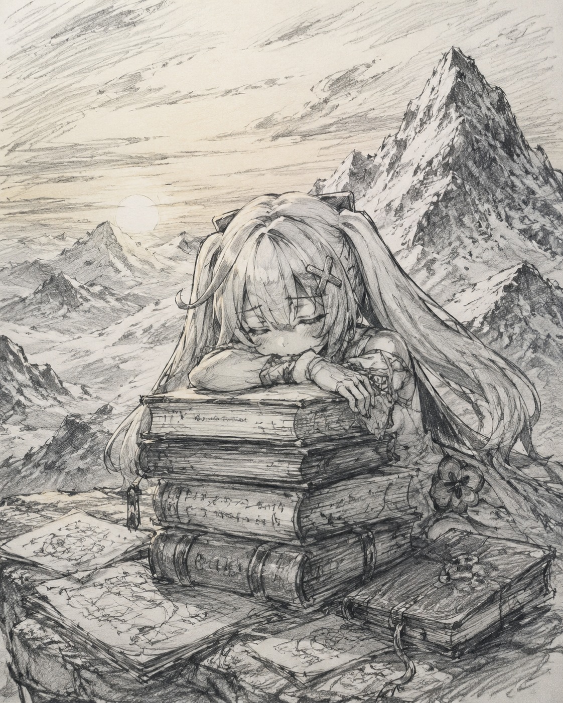 Taking a nap behind a stack of books On a frozen mountain peak at dawn (messy sketchbook drawing, charcoal and graphite)