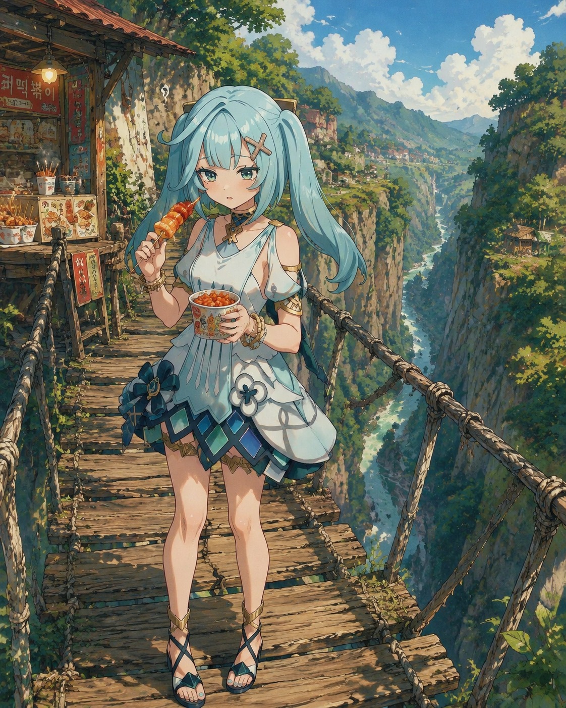 Trying modern street food with confusion On a rickety wooden bridge over a deep canyon (studio ghibli aesthetic, lush hand-painted scenery)