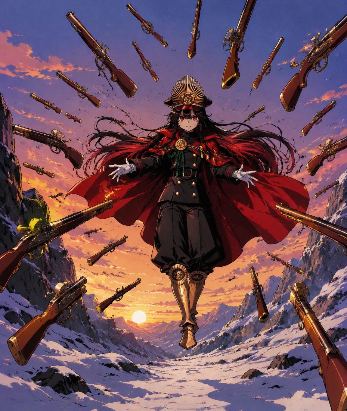 Levitating dozens of floating flintlock muskets On a snowy mountain pass at dawn (retro 90s anime cel shading)