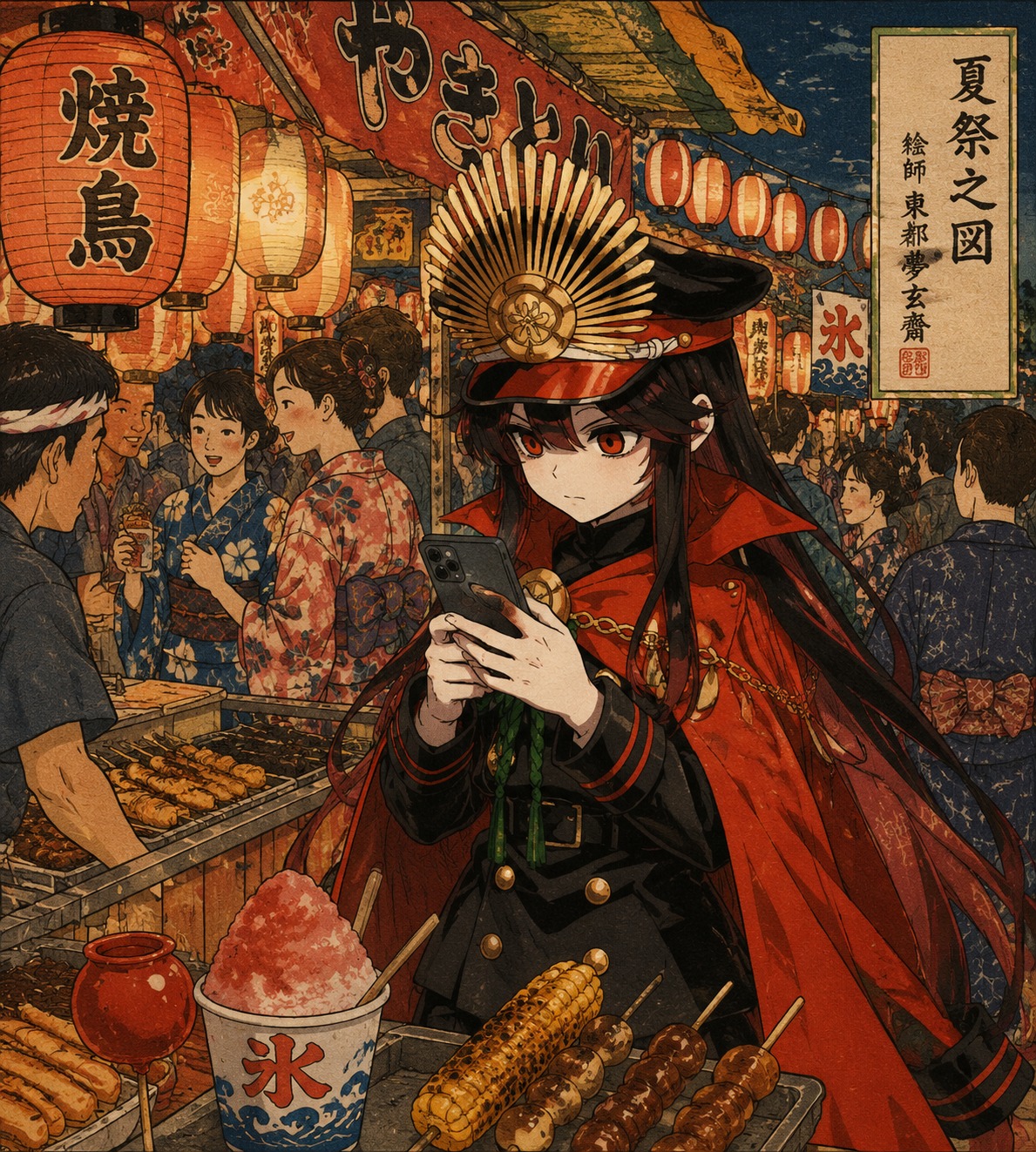 Scrolling through a modern smartphone At a crowded summer festival food stall (vibrant ukiyo-e woodblock print style)
