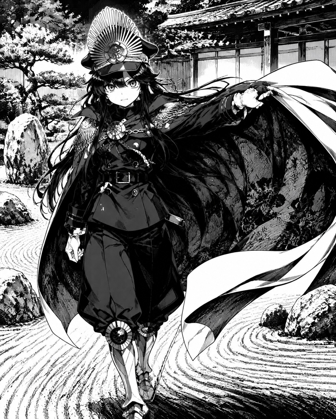 Swinging a heavy velvet military cape In a quiet traditional zen garden (high-contrast manga ink sketch)