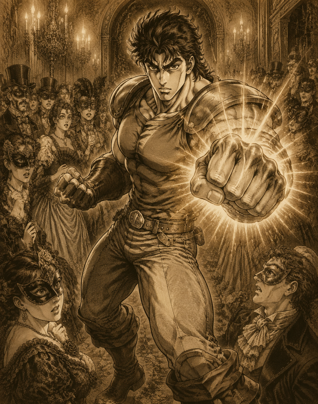 Charging a powerful sunlight yellow overdrive punch At a crowded festive masquerade ball (detailed Victorian lithograph, sepia tones)