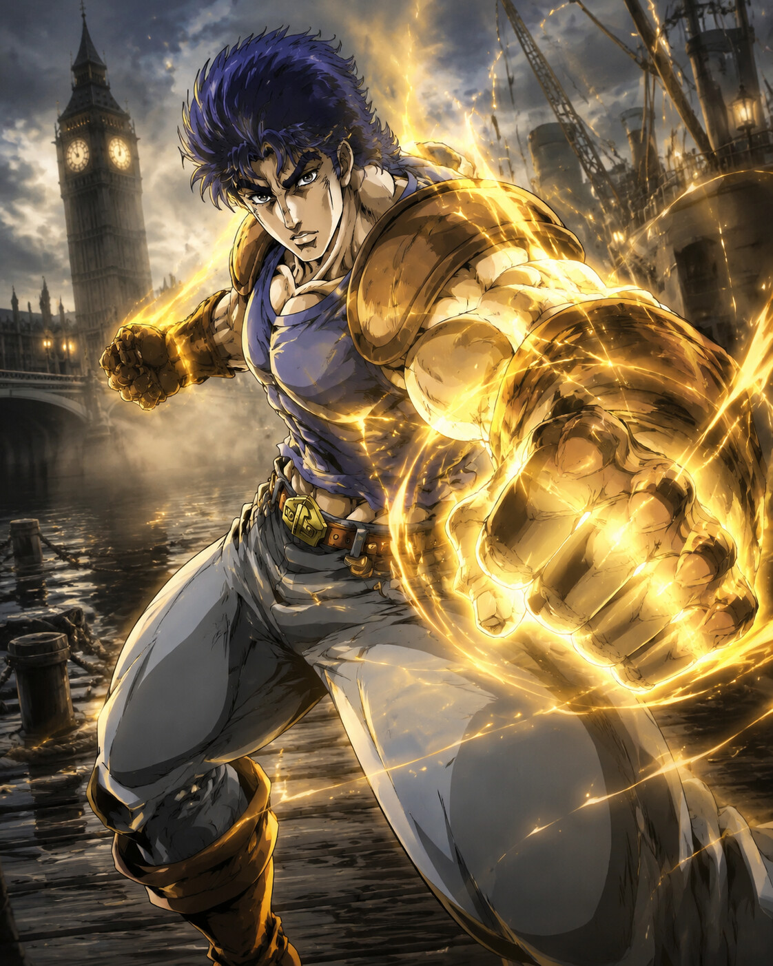 Charging a powerful Sunlight Yellow Overdrive punch at the misty docks of a London port (modern shonen digital art)