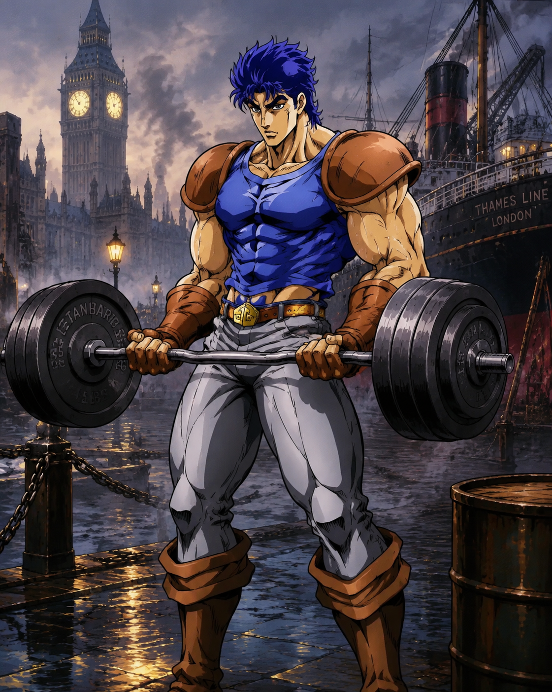 Lifting heavy iron weights with focused determination At the misty docks of a London port (classic 1980s retro anime style, vibrant colors)