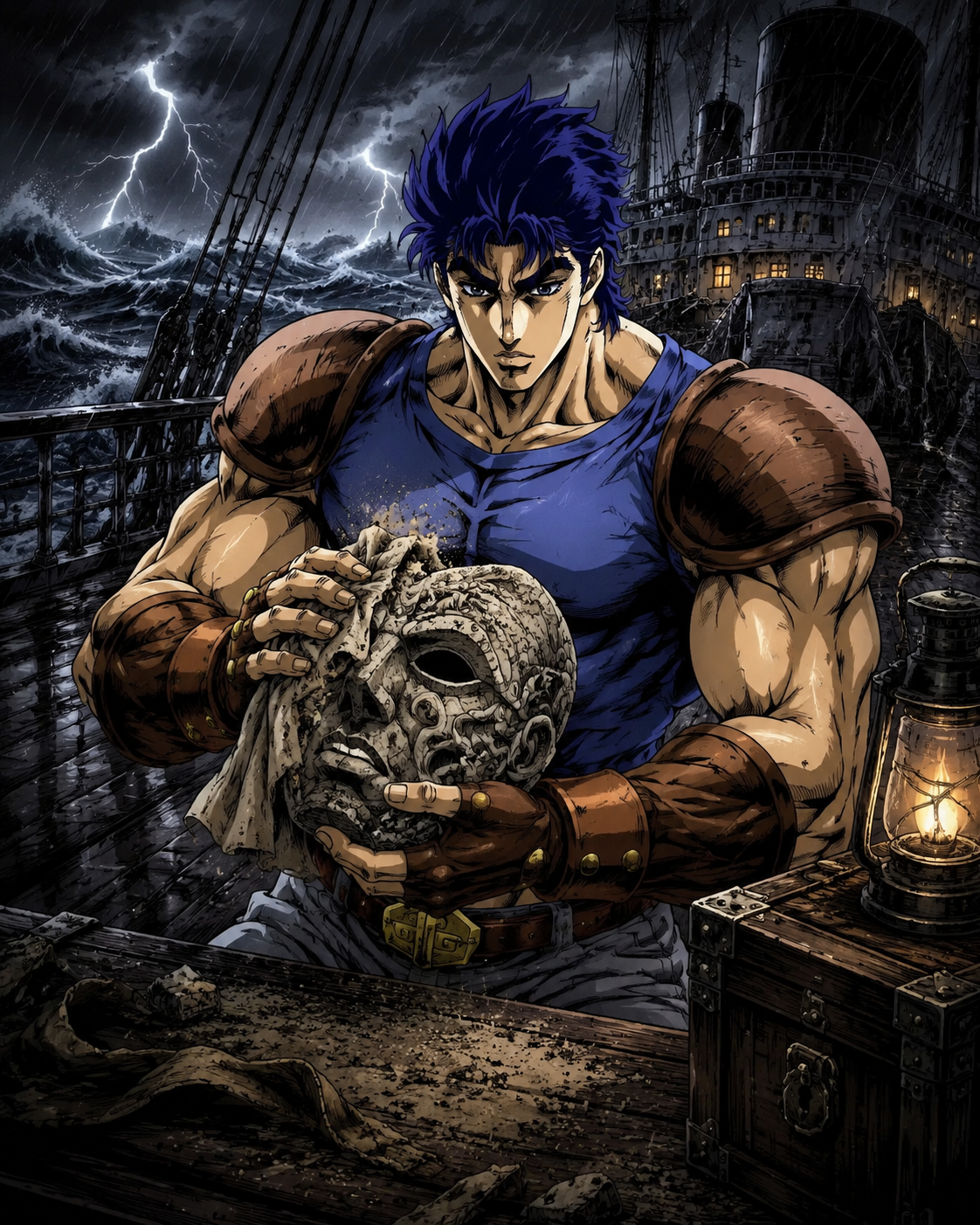 Polishing a dusty ancient stone mask On the deck of a storm-tossed ocean liner (dark gothic fantasy, sharp ink lines)