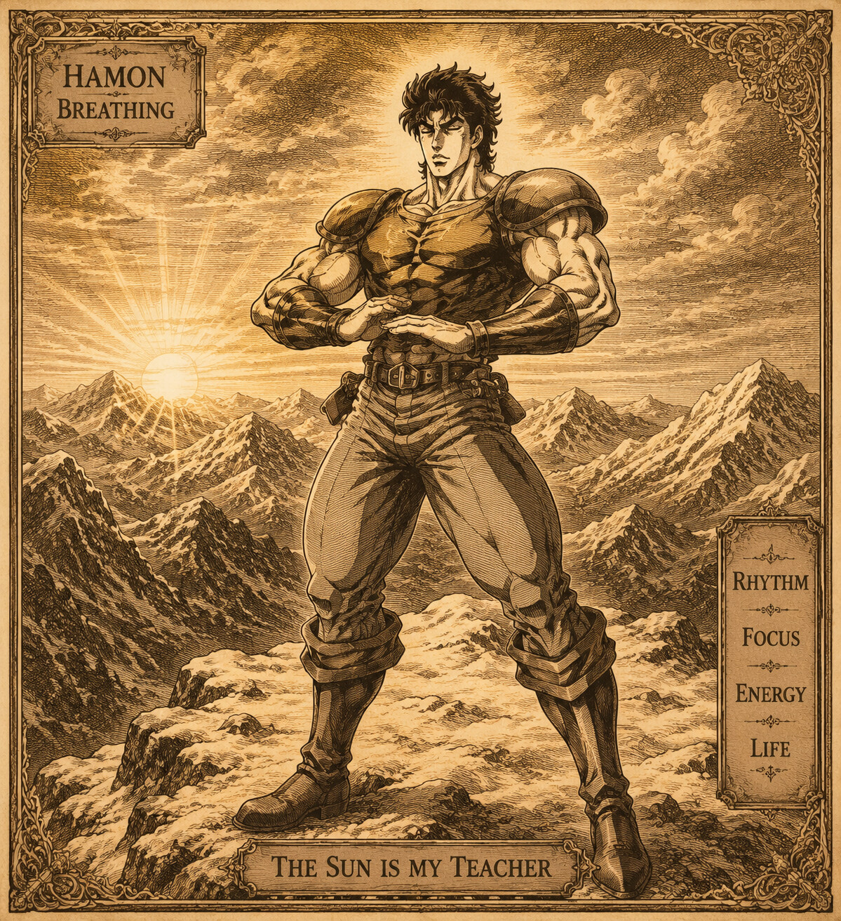 Practicing rhythmic Hamon breathing techniques on a snowy mountain peak during a golden sunset (detailed Victorian lithograph)