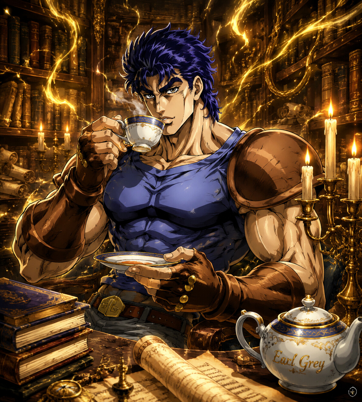 Sipping Earl Grey tea from a fine china cup in a candlelit library filled with ancient scrolls (modern shonen digital art)