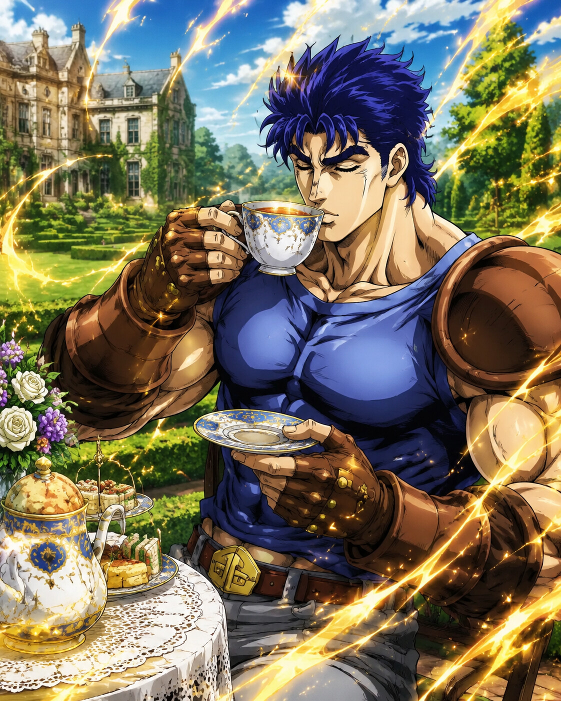 Sipping Earl Grey tea from a fine china cup in a lush green English estate at noon (modern shonen digital art)