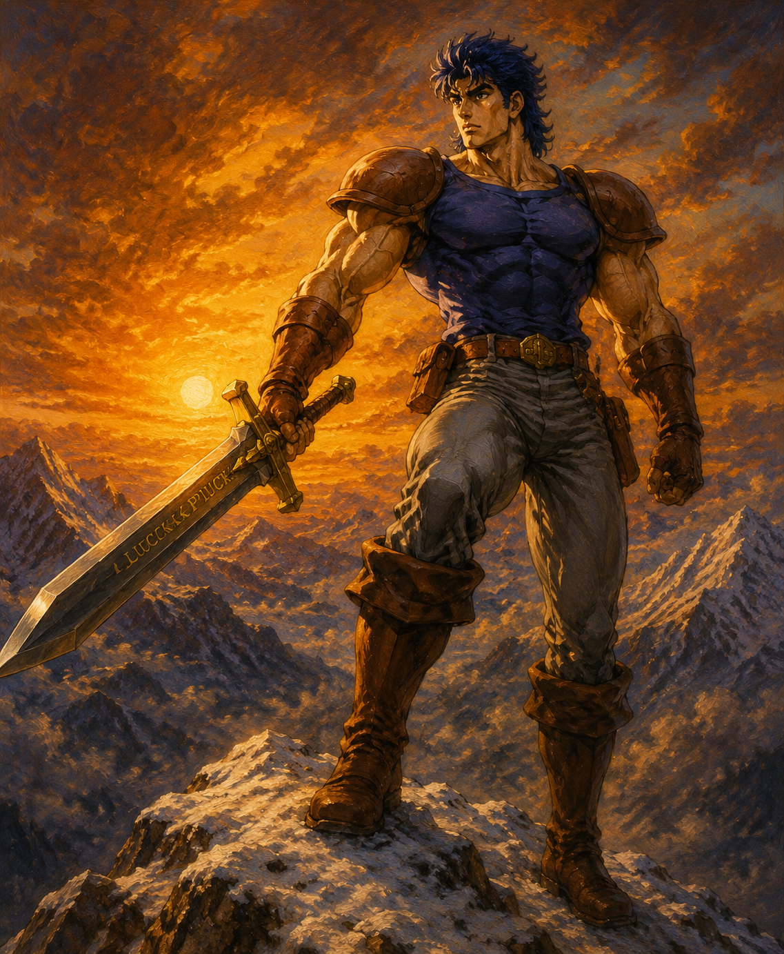 Wielding the broadsword luck and pluck with grace On a snowy mountain peak during a golden sunset (oil painting, dramatic chiaroscuro lighting)