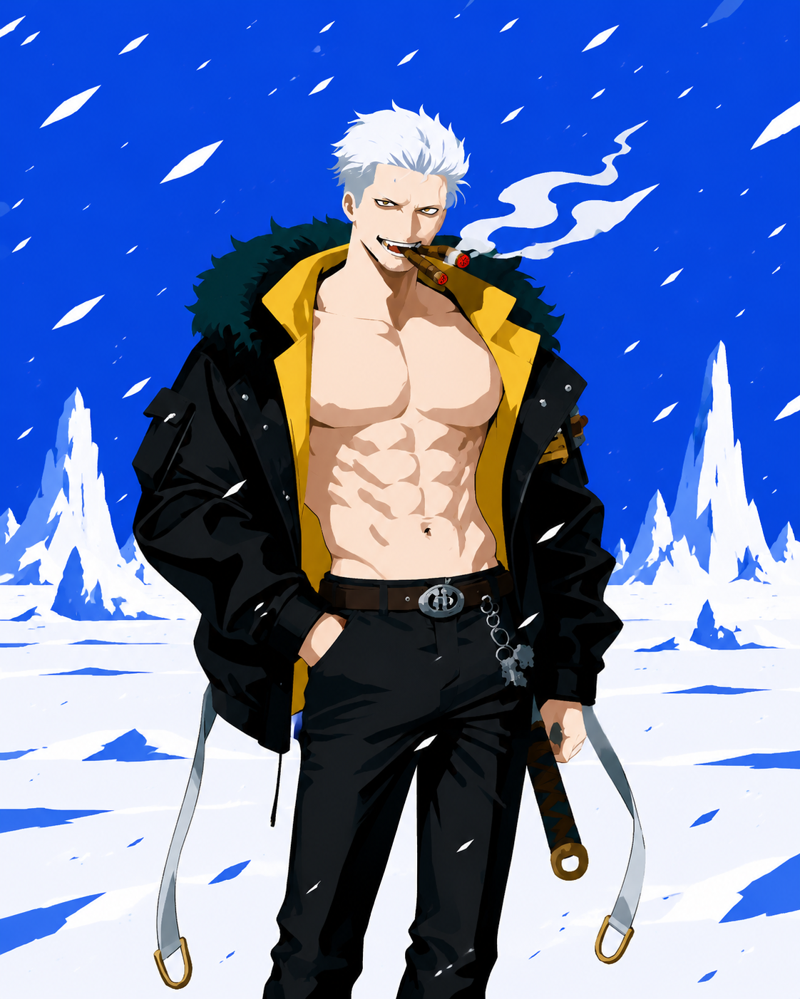 Clenching two lit cigars between his teeth In a frozen wasteland during a blizzard (minimalist flat vector art, bold primary colors)