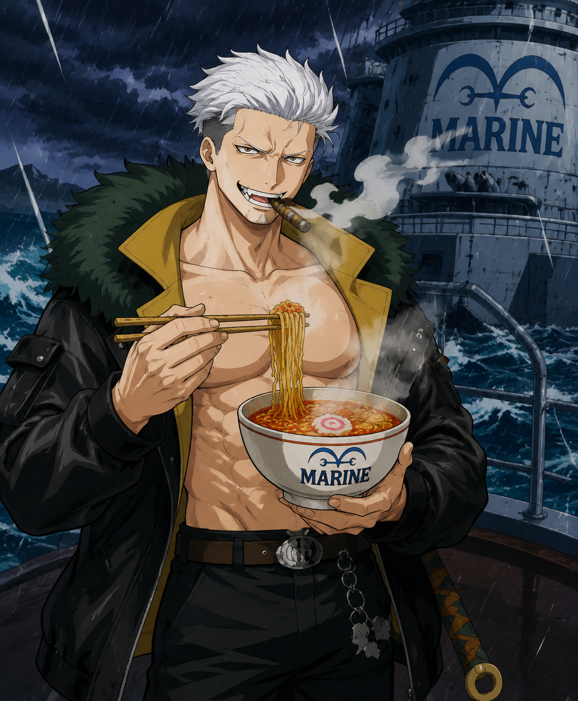 Eating a steaming bowl of spicy ramen On the deck of a storm-tossed Marine warship (classic 90s cel-shaded anime style)