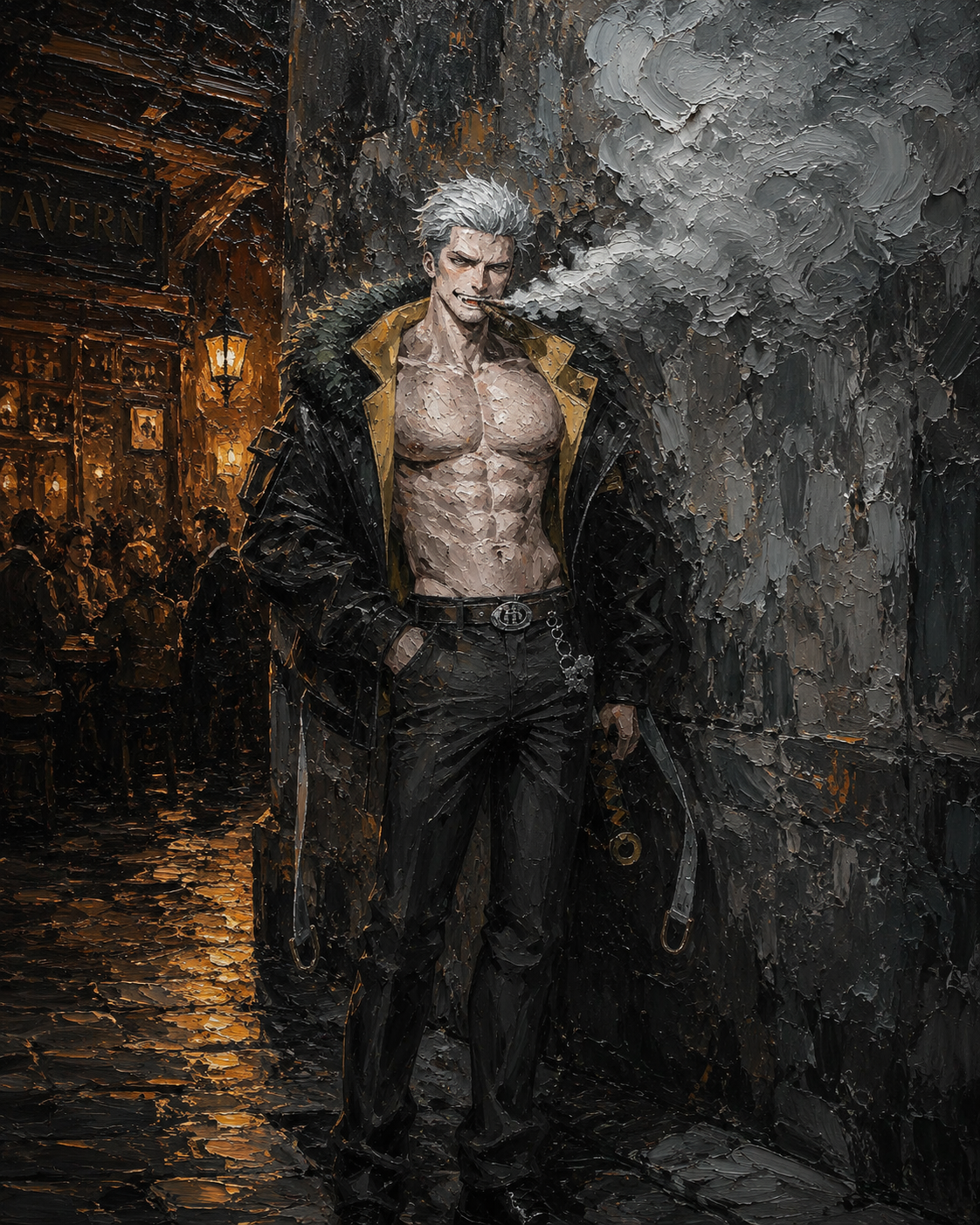 Exhaling a massive cloud of grey vapor In a quiet alleyway behind a bustling tavern (heavy oil painting, thick impasto brushstrokes)